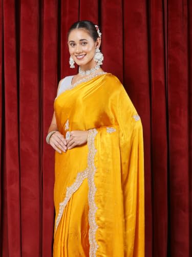 Meena Bazaar Chinon Saree For Women |MUSTARD Colour