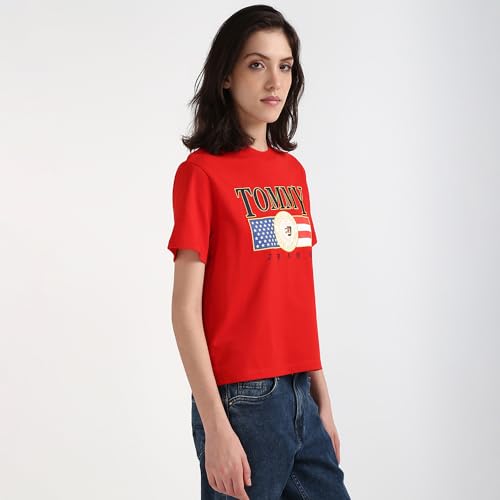 Tommy Hilfiger Women Red Printed Cotton Short Sleeve T-Shirt