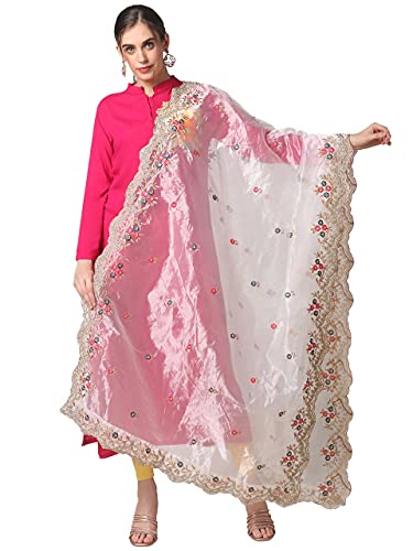 DUPATTA BAZAAR Women's White Embroidered Glass Tissue Dupatta with Cutwork