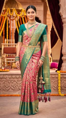 VFCollections Women's Traditional Handloom Kanchipuram Silk Pure Pattu Sarees | Rich Zari Woven Design | Bridal Saree | Unstitched Blouse (VFC639-1)