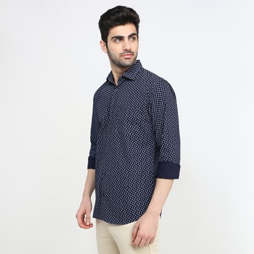 Park Avenue Men Slim Fit Print Pattern Pure Cotton Semicutaway Collar Full Sleeve Casual Shirt Blue
