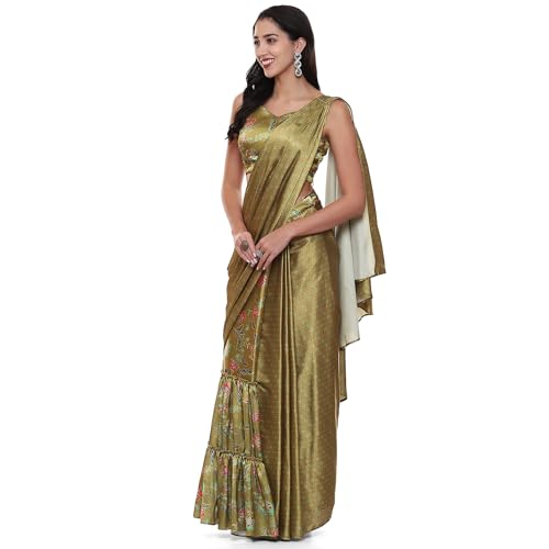 BIBA Women Cotton Blend Printed Straight Saree (Skdassorted9114_Green_38)
