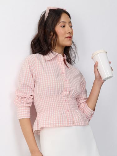The Souled Store Picnic Plaid: Women and Girls Full Sleeves Spread Collar Pink Checked Cotton Slim Fit Smocked Waist Lightweight Easy to Style Trendy Summer Ready Shirt