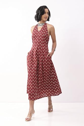 Biba Nxt Women Maroon Cotton Printed A Line Dress_30