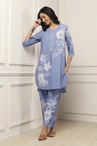 BIBA Women Blue Cotton Straight Kurta Pants Set_36