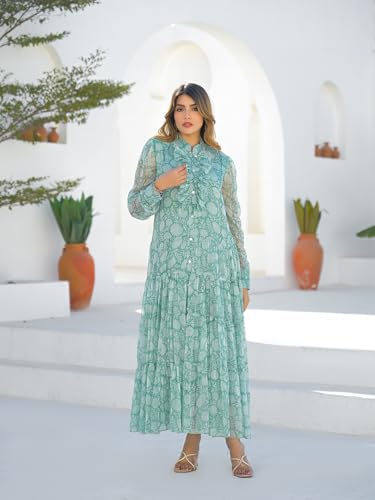 Divena Green Georgette Full Sleeves Maxi Dress