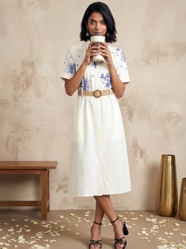 Max Women Embroidered Belted Midi Dress (White_L)