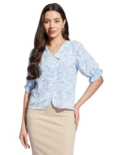 Latin Quarters Women Blue Collared Half Sleeves Printed Shirt Blouse for Casual Wear_S