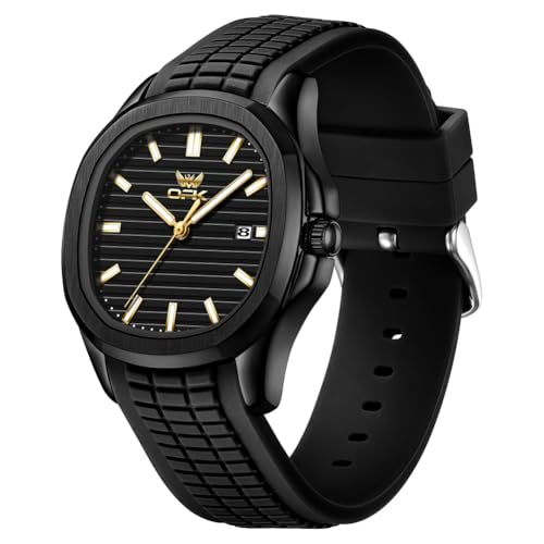 OPK Men's Quartz Watch Gold Plated Case Black Rubber Strap Black Dial Date Display Luminous Waterproof Business Casual Wristwatch