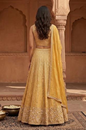 Aurelia Women's Yellow Sequins Georgette Blouse and Skirt set with Dupatta and Jacket - (AD10774-E609524-L)