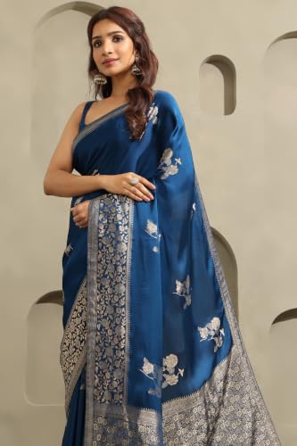 Soch Womens Navy Blue Satin Botanical Zari Woven Saree