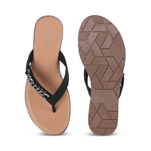 tresmode FLACHAIN Women's Flats Sandals Black, 4 UK / 37 EU - Round Toe Ladies Dress Platform Footwear Soft Comfortable