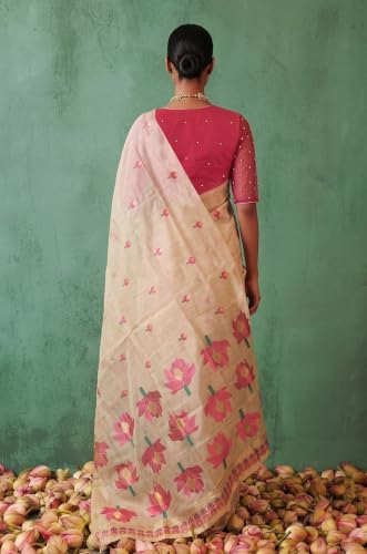 Label Aarna Women's Pink Cotton Saree with Unstitched Blouse Piece | Woven | Floral Design | Functions and Pooja Wear