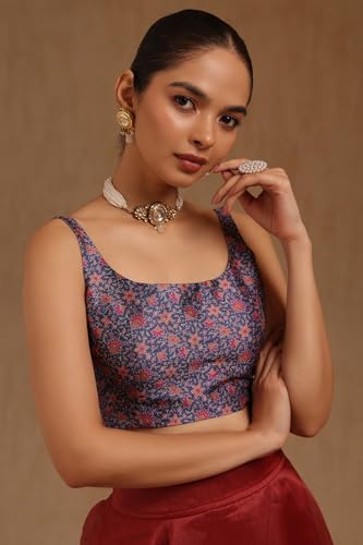 Soch Womens Navy Blue Art Silk Floral Print Padded Blouse