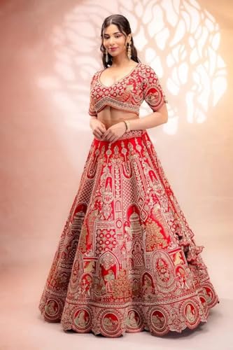 Women's Scarlet Red Silk Designer Lehenga