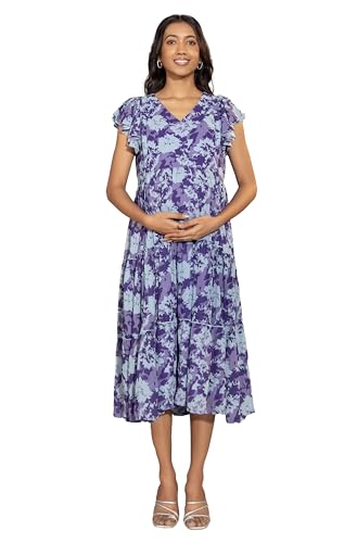 Janasya Women's Blue Georgette Printed Flared Maternity Dress(MJ0431-DR-M)