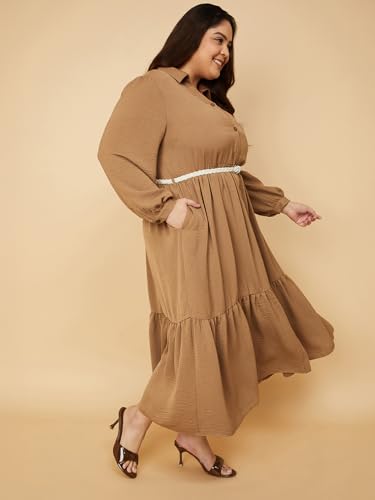 Max Women Textured A-line Tiered Shirt Dress with Belt (Beige_5XL)