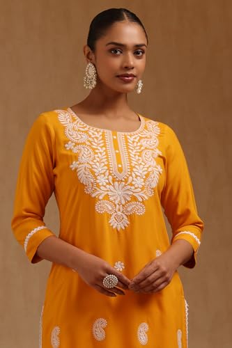 Soch Womens Mustard Rayon Ethnic Motifs Embroidered Kurta