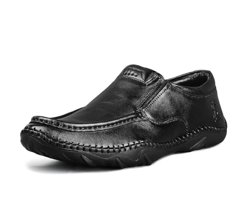 LOUIS STITCH Obsidian Black Genuine Leather Formal Slip On Shoes for Men | Ultra Lightweight and Flexible Rubber Sole Men’s Slipon Loafer Shoes | LSAXSOS | UK-9