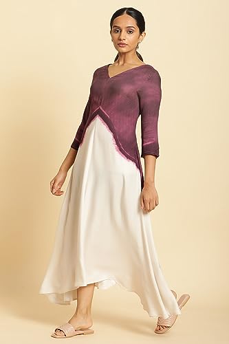 W for Woman Women's Rayon Purple and White Placement Print Asymmetrical Dress Ankle Length 23FEW18770-120815_Grape Juice