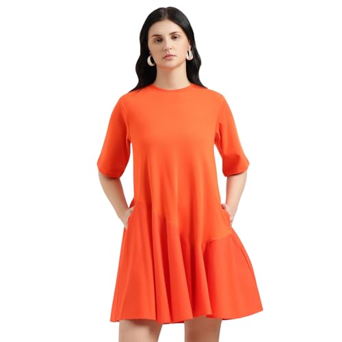 United Colors of Benetton Round Neck Solid Dress (Size : 2XL) - 26P3099W3823IRJ3 Orange