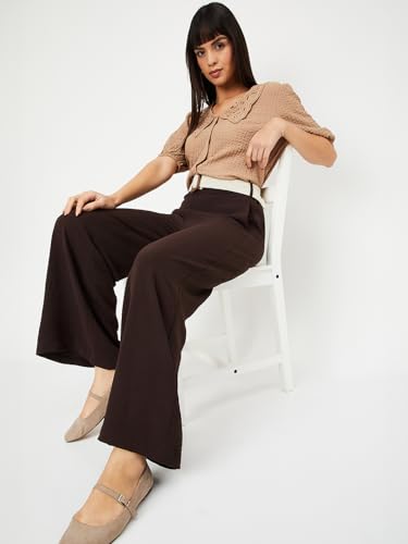 Max Women Textured Wide Leg Trousers (Brown_XL)