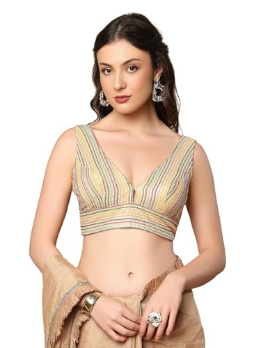 S SALWAR STUDIO Gold Embroidered V-Neck Readymade Sleeveless Saree Blouse