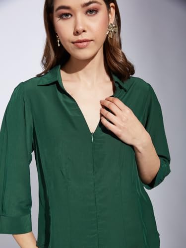 Latin Quarters Women Green Collar Neck 3/4th Sleeve Solid Shirt Blouse_2XL