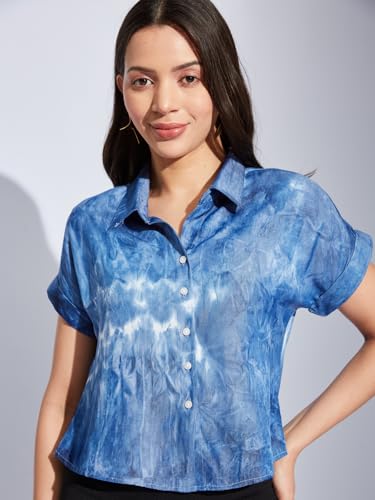 Latin Quarters Women Blue Collared Short Sleeve Tie & Dye Shirt Blouse for Casual Wear_S