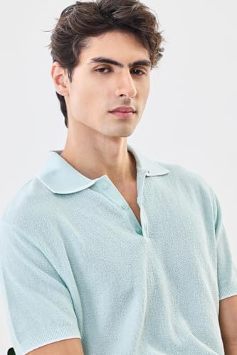 SNITCH Men’s Polo Core Lab T-Shirt | Textured Knit Design with Buttoned Closure | 100% Cotton Fabric for Breathable Comfort & Casual Wear | Light Green