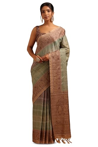 Soch Womens Light Green Tussar Ethnic Motifs Saree With Kantha Embroidery