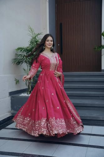 Women Most Beautiful Shimmer Silk Gown with Dupatta Long Dress, Latest Silk Long Anarkali Gown Set for Girls and Woman (in, Alpha, L, Regular, Women, Pink)