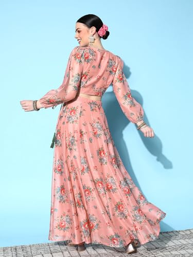 Peach Floral Wrap Crop Top With Anarkali Skirt