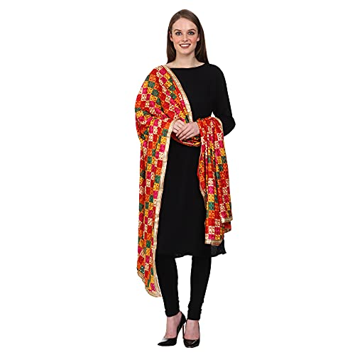 SWI WITH LABEL Women's Embroidered Phulkari Chiffon Dupatta