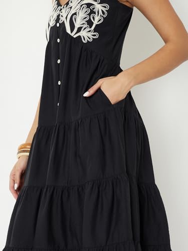 Max Women Embroidered Tiered Midi Dress (Black_S)