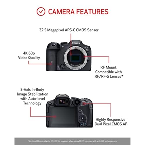 Canon EOS R7 Mirrorless Camera Body, 32.5MP APS-C CMOS Sensor, 4K60 Video, Dual Pixel CMOS AF II, IBIS, Wi-Fi/Bluetooth, Bundle w/ 64GB Card, Filter Kit, Extra Battery, 1-Year Warranty