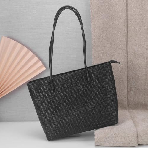 Mochi Stylish Faux Black Shoulder bag with Applique branding and Zipped Closure, Premium Branded lining, Perfect for Casual Use(66-515)