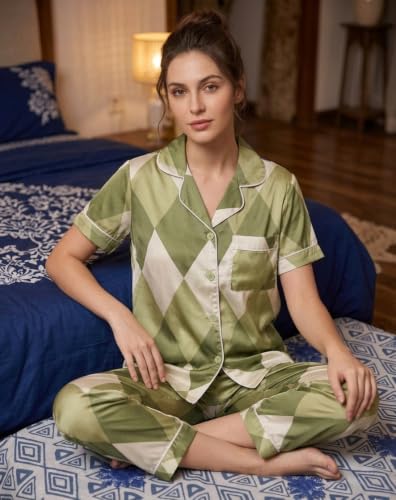 NoHook Korean Style Chest Padded Nightsuit for Women | Modal Silk Button-Down Nightwear Set | Green Diamond Print Co-ord Sleepwear, S