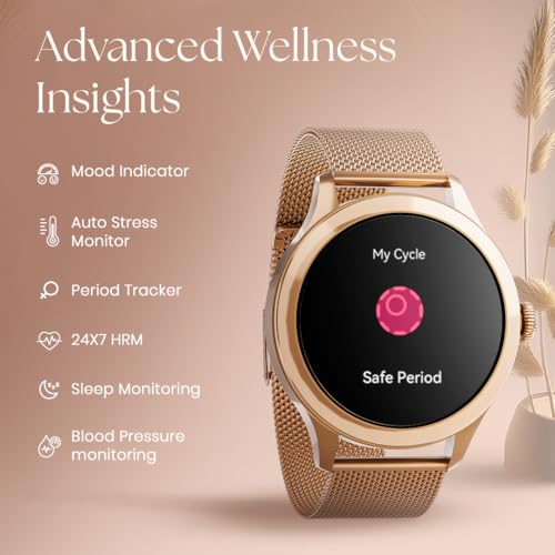 Fastrack Noir Pro 1.19" Super AMOLED Metal Smart Watch with 1000 Nits Brightness, BT Calling, 24/7 Health Suite, Functional Crown, Zinc Alloy Case – Smartwatch for Women (Rose Gold) ‎(68042WM01C)