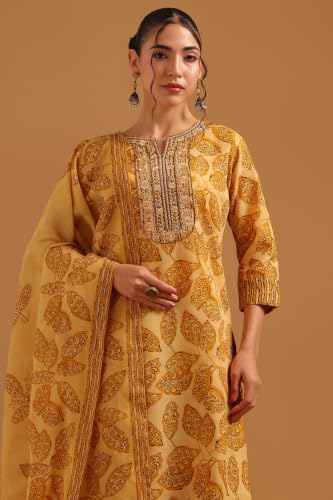 Soch Womens Mustard Cotton Blend Digital Printed Botanical Block Print Salwar Suit