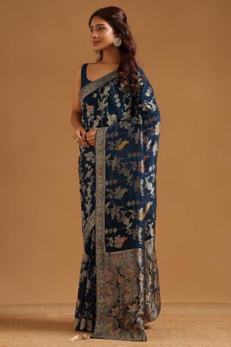Soch Womens Navy Blue Crepe Bird Motifs Zari Woven Saree