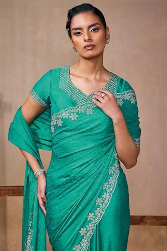 Soch Womens Teal Green Fendy Georgette Woven Design Saree With Stone Work