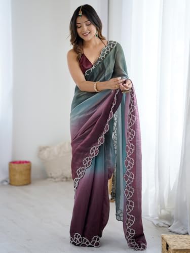 AKHILAM Women's Metallic Satin Ombre Printed Saree With Unstitched Blouse Piece (AARYAN20703_KR)