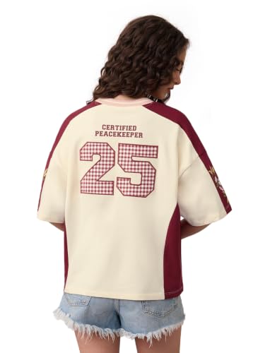The Souled Store No Drama Women and Girls Short Sleeves V-Neck Cream and Maroon Graphic Printed Cotton Casual Drop Shoulder Breathable Lightweight All Season Oversized T-Shirts