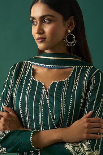 Wishful Women's Green Striped Embroidered Angrakha Kurta with Trouser and Dupatta Set - (SP12864-401158-XXL)