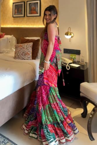 VARNI FABRICS: A lady's First Love Women's Multicolor Georgette Bandhni Printed Kurti Set With Sharara And Dupatta