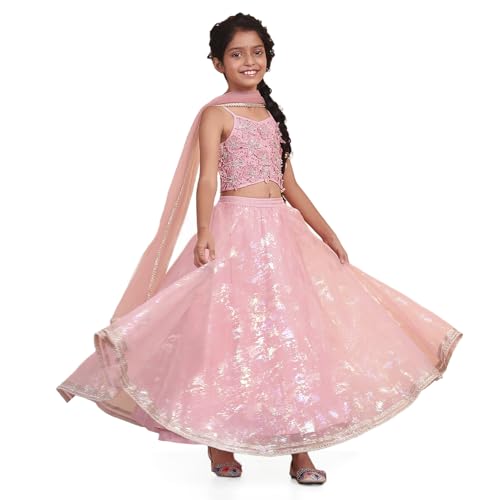 Biba Girls Pink Viscose Printed Flared Lehenga Set_8-9Y
