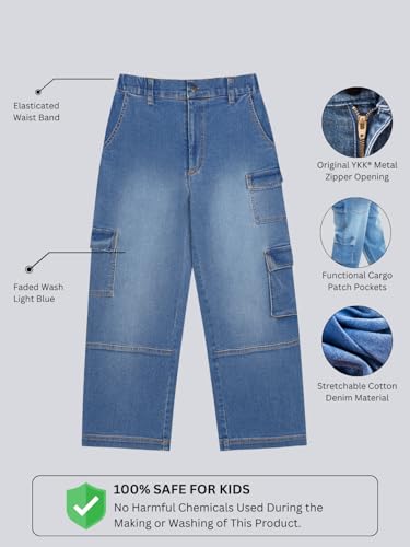 olele® | 7 Pockets Cargo Jeans Pants for Girls| Relaxed Fit Stretchable Denim Jeans Elasticated Waist Pant for 4 to 14 Years Kids