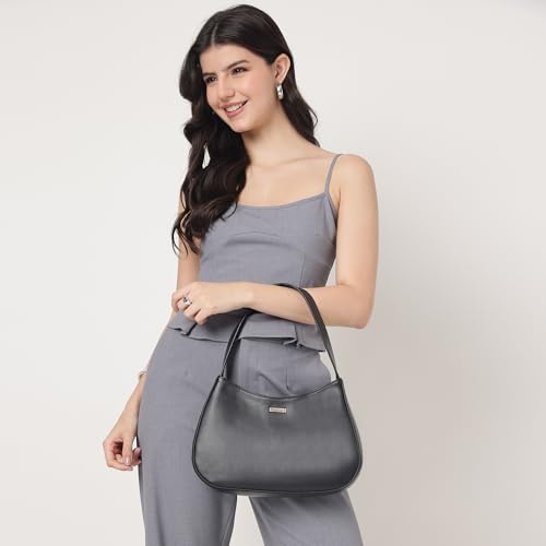 Fastrack Curve Shoulder Bag | Black Pebbled Faux-Leather Women’s Handbag | Gold Hardware Finish with Sturdy Handle, Zipper Closure & Organised Storage