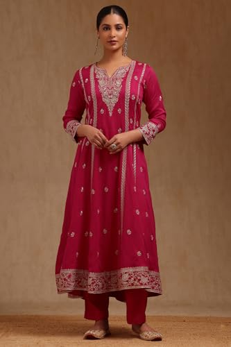 Soch Womens Fuchsia Vichitra Embroidered Suit Set With Zari